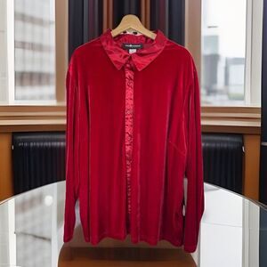 Sag Harbor Women XXXL 3XL Red Velvet Button Up Blouse Long Sleeve Fairy Holiday